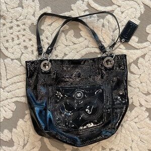 Coach Black Tote Bag with Glossy Finish and Silver Hardware